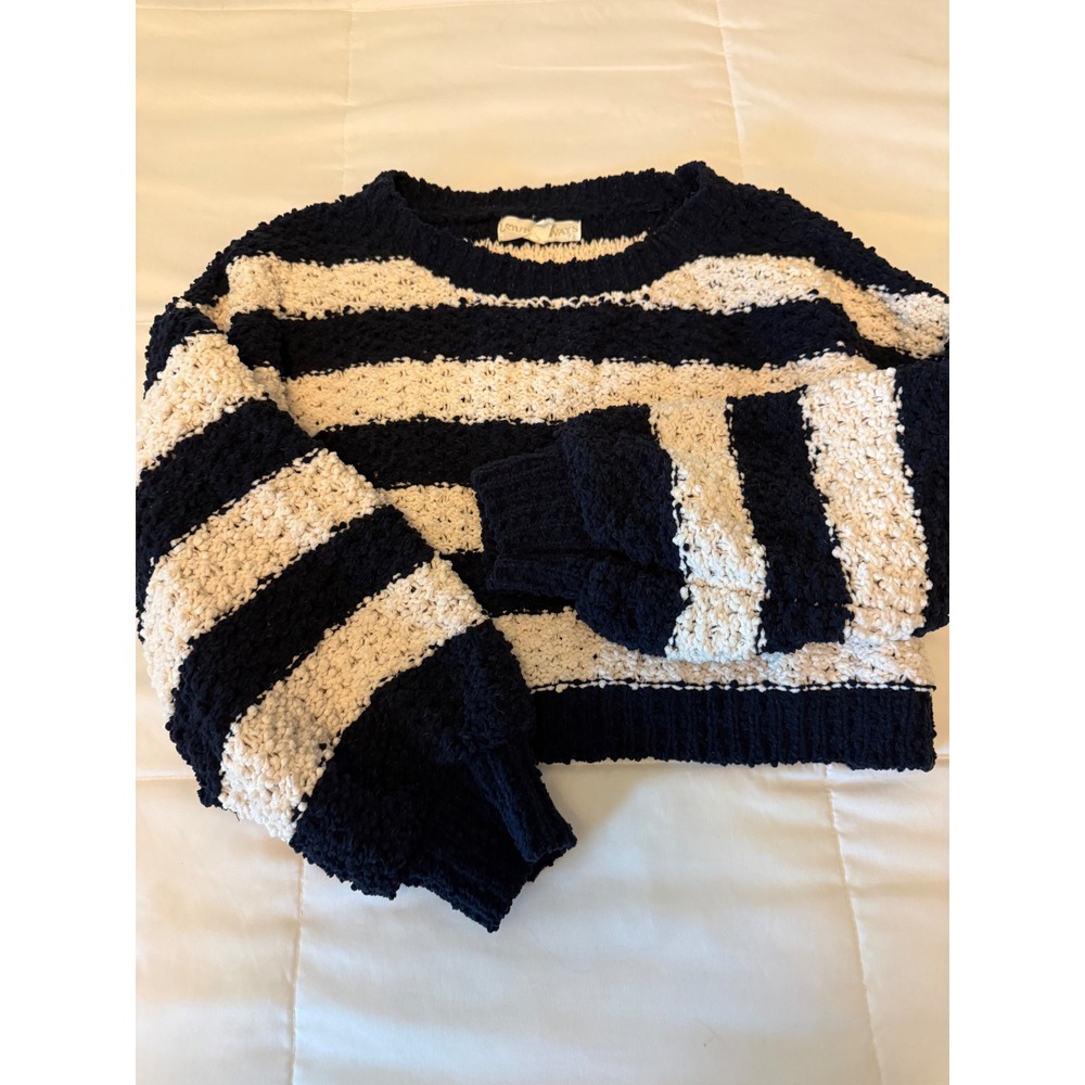 Love Always Striped Popcorn Knit Cropped Sweater Navy White Balloon Sleeve Large